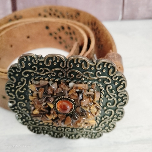 Women's Brown Gold  Brush Tooled Leather Belt with Ornate Buckle Boho Western - Picture 14 of 16